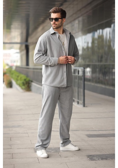 Madmext Boyalı Gri Kadife Erkek Gömlek Pantolon Takım E7334 Boyalı Gri