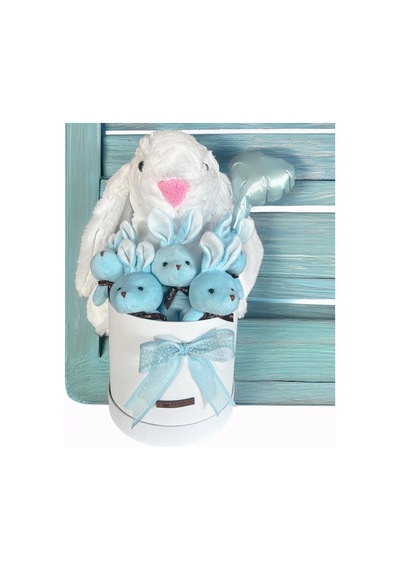 Özel Kututusunda 45 Cm Beyaz Jellycat Tavşan, 5'li Tavşancıklar Ve Folyo Kalp Balonlu Set-ayıcık Buketi