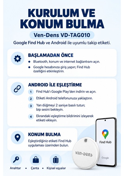 Ven-dens Vd-tag010 Bluetooth Eşya Takip Cihazı, Find Hub Ve Android Uyumlu, Anahtar, Beyaz