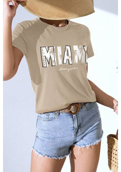 Uyguntarz Unisex Miami Baskılı Oversize Tshirt Bej