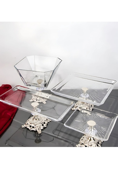 Elta Collection Argkristal Gümüş Detaylı Metal Ayaklı 4 Parça Sunum Seti