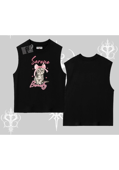 Tarzsokak Serene Beauty Kedi Baskılı Kolsuz Tshirt Siyah