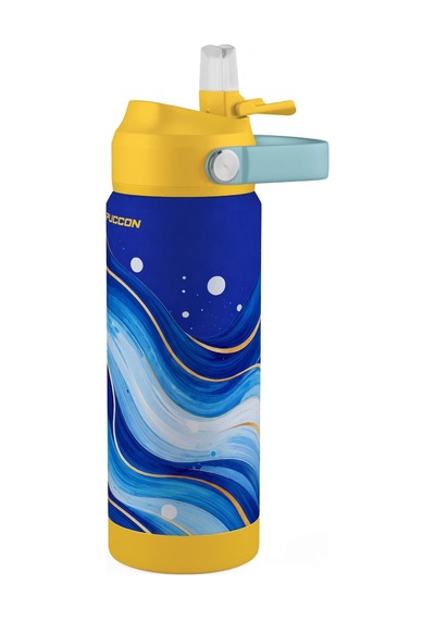Puccon 540 Ml Mavi Dalga Desenli Lacivert - Sarı Erkek Çocuk Pipetli Çelik Termos Matara/suluk - 60061