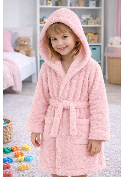 Luna Soft Kız / Erkek Çocuk Kapşonlu Wellsoft Bornoz Peluş Sabahlık Pudra Pudra