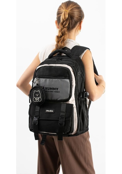 Ventis Unisex Okul Çantası Ortaokul Lise Cüzdanlı Sırt Çantası 43 30 Cm Su Geçirmez Kumaş Vnt5-e Siyah