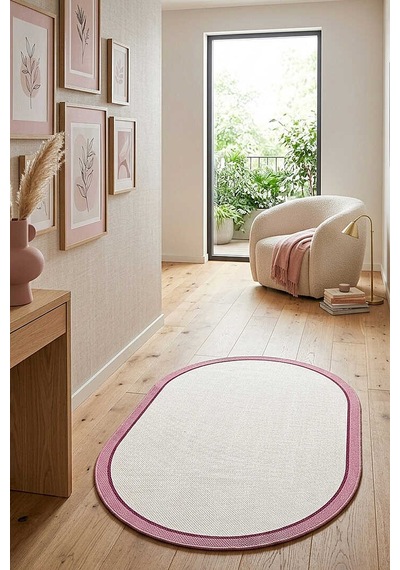 Natura Sisal Hasır Görünümlü Çift Bordürlü Oval Halı Ntr33 Pembe