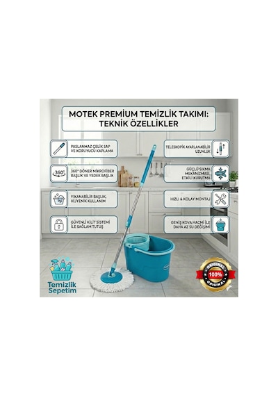 Turbo Dönüş Mekanizmalı Mop Takımı Paslanmaz Çelik Saplı, Mikrofiber Yedekli Pratik Temizlik Seti