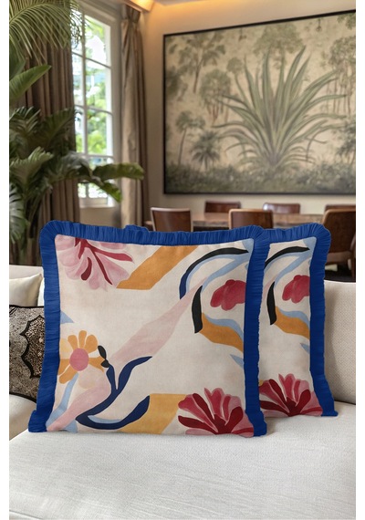 Soyut Çiçek Desenli Floral Saçaklı Yastık Kılıfı-sanatsal Boho Krem Lacivert Püsküllü Kırlent Kılıfı Haki