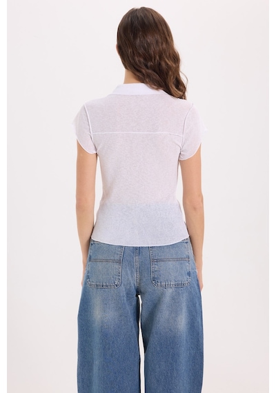 Tudors Kadın Slim Fit Dar Kesim Kısa Kollu Dikiş Detaylı Dokulu Düğmeli Beyaz Bluz Gömlek