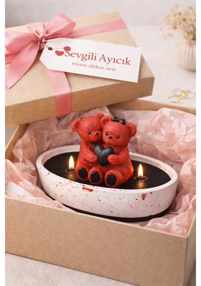 Sevgili Ayıcık Mum Dekor Seti Vanilya Kokulu Ayıcık Mumlu Polyester Tabak Kırmızı - Pembe - Beyaz - Siyah