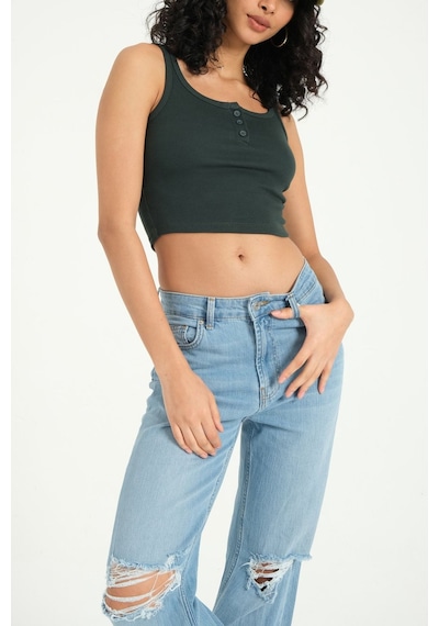 Hiccup Kare Yaka Fitilli Düğmeli Tank Top Orman Yeşili