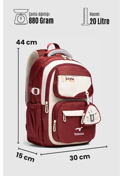 Relaxion Unisex Okul Sırt Gezi Kamp Günlük Öğrenci Sırt Okul Çantası 2466 Bordo