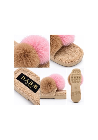 Dabab Shoes Pomella Kadın Bej Çift Ponponlu Peluş Bantlı Kaymaz Tabanlı Önü Açık Ev Terliği