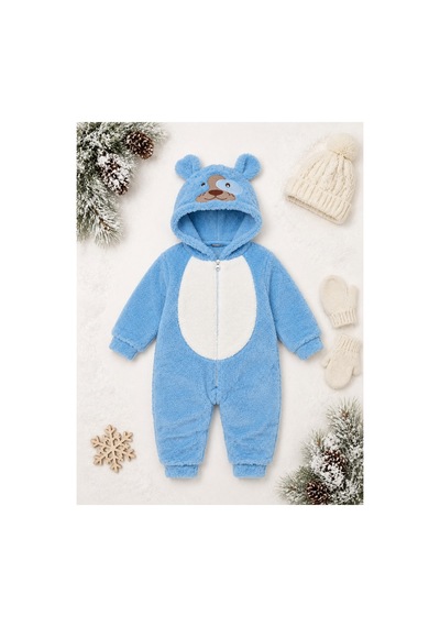 Kız Erkek Bebek Welsoft Peluş Tulum Kapüşonlu Fermuarlı Kışlık Bebek Tulumu Köpek Figürlü Yumuşak Polar Tulum Mavi