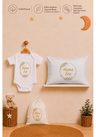 Pia Baby İsme Özel Kız Bebek Hediyesi %100 Pamuk Organik Baskılı Body Yastık Kılıfı Ve Ham Bez Kıyafet Kesesi 1066byk0x Ekru