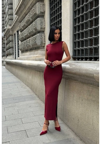 Rawea Kadın Sandy Vücudu Saran Elbise - Yırtmaç Detaylı & Slim Fit Bordo