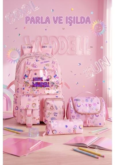Waddell Kawaii Kore Tarzi Twil Kumas Desenli Sirt Cantasi Beslenme Cantasi Ve Kalemlikli Uclu Se Pembe