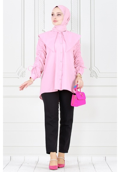 Sevitli Büyük Yaka Kolu Büzgü Detaylı Tunik-pembe-3862-pembe Pembe
