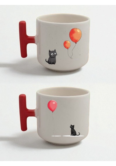 Balon Kedi Baskılı 2'li Latte Bardağı - Hediye Fikirleri Kadın, Ev Hediyesi Önerileri Beyaz