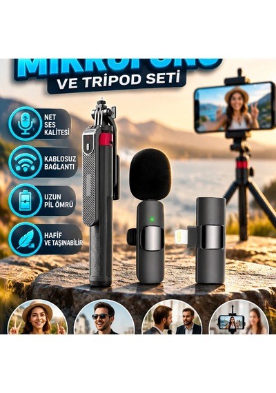 Çift Kablosuz Yaka Mikrofonu Ve Tripodlu Selfie Çubuğu Seti Vlog, Canlı Yayın Ve Röportaj İçin