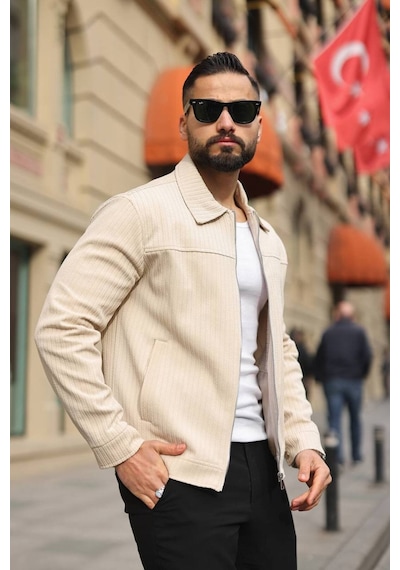 Premium Dokulu Kumaş Mevsimlik Ceket Krem