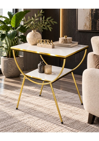 Odera Çift Beyaz Çift Raflı Yan Sehpa Komodin Metal Ayaklı Retro Modern Sehpa Diğer