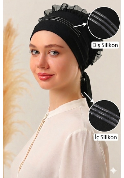 Melodi Scarf Çift Silikonlu Kaymayan Kaymaz Fırfırlı Bone - Eşarp Şal Başörtü Kaydırmayan Kaymaz Bantlı Bone Siyah