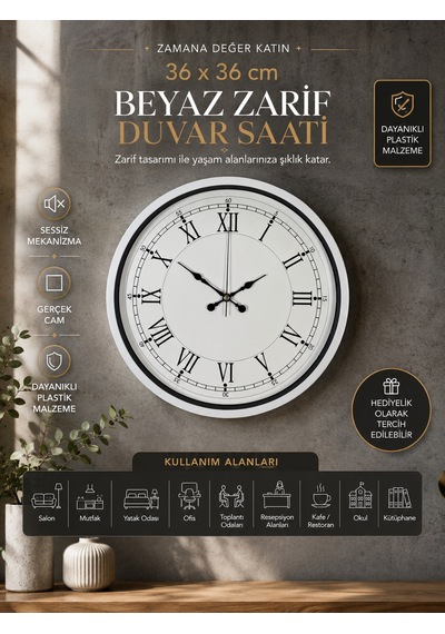 36 Cm Beyaz Roma Rakamlı Duvar Saati