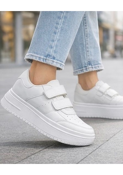 Papucumun Dünyası Aır Kalın Yüksek Taban Cırt Bantlı Kadın Sneaker Beyaz