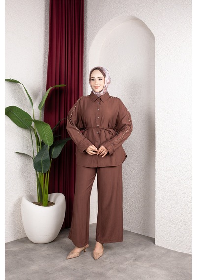 Hira Life Fashion Kadın Kolu Taş Detaylı Bel Bağlamalı Salaş Keten Gömlek Pantolon İki 'li Şık Takım Kiremit Kiremit Hira Life Fashion Kadın Kolu Taş Detaylı Bel Bağlamalı Salaş Keten Gömlek Pantolon İki 'li Şık Takım Kiremit Kiremit
