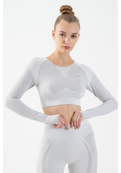 Maraton Active Slimfit Kadın Bisiklet Yaka Uzun Kol Fitness Ekru Crop Top 816013 Ekru