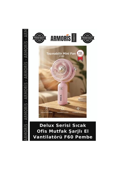 Delux Serisi Sıcak Ofis Mutfak Şarjlı El Vantilatörü F60 Pembe
