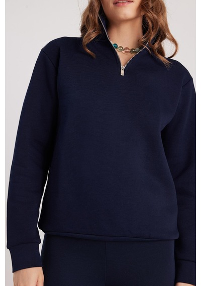 Tudors Kadın Relax Fit Rahat Kesim Pamuklu İçi Polarlı Yarım Fermuarlı Lacivert Dik Yaka Sweatshirt-37891 Lacivert