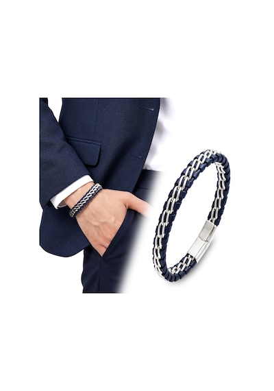 Premium Parlak Ve Şık Lacivert Çift Zincir 316l Çelik Ve Deri Bileklik 31834b2d6-20 Cm