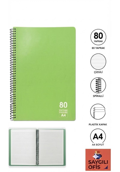 Saygılıofis 80 Yaprak A4 Spiralli Pp Kapak Çizgili Defter Yeşil