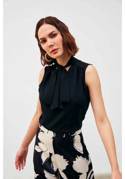 Sateen Fularlı Kolsuz Bluz - Siyah-132834