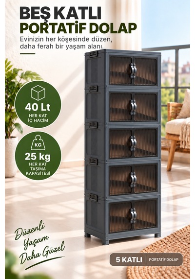 5 Katlı Portatif Organizer Dolap 200 Lt Gri