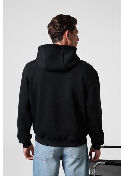 Grımelange Cassıan Erkek Önü Kabaran Baskılı Kapüşonlu Kordonlu Kanguru Cepli Siyah Sweatshirt Siyah