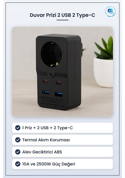 Duvar Prizi 1 Priz 2 Usb Type C Siyah Termal Akım Korumalı Hızlı