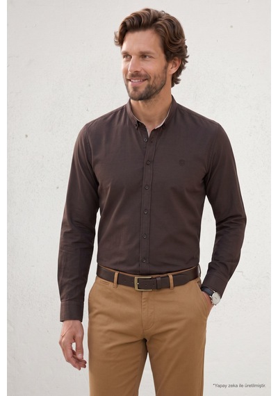Tudors Regular Fit Rahat Kesim Oxford Doku Uzun Kollu Düğmeli Yaka Pamuklu Koyu Kahve Erkek Gömlek-52915 Tudors Regular Fit Rahat Kesim Oxford Doku Uzun Kollu Düğmeli Yaka Pamuklu Koyu Kahve Erkek Gömlek-52915