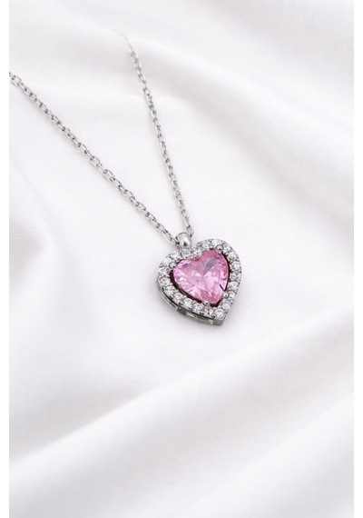Çekirdekjewelry 925 Ayar Gümüş Zirkon Taşlı Kalplı Kolye Gri Pembe