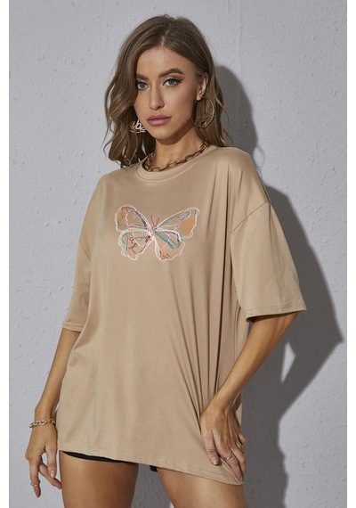 Flood Of Style Unisex Butterfly Baskılı T-shirt Bej