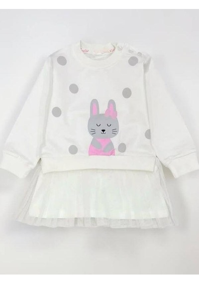 Breeze Kız Çocuk Tavşan Desenli Eteği Tüllü Sweat Elbise-15362 Beyaz