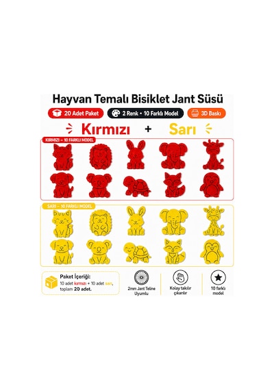 Hayvan Temalı Bisiklet Jant Süsü 20 Parça 2 Renk 10 Farklı Model Kırmızı-sarı Kırmızı - Sarı