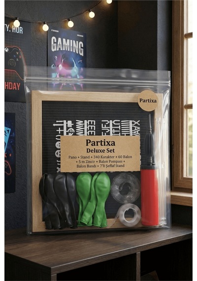 Gamer Video Oyunu Doğum Günü Süsleme Deluxe Set Siyah Keçe Yazı Panosu Standlı Balon Zincirli 7 Li Şeffaf Balon Standlı Tüm Yaşlar