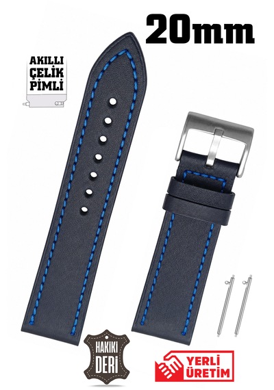20mm Lacivert Mavi Dikişli Spor Hakiki Deri Saat Kordonu Kayış Akıllı Pimli