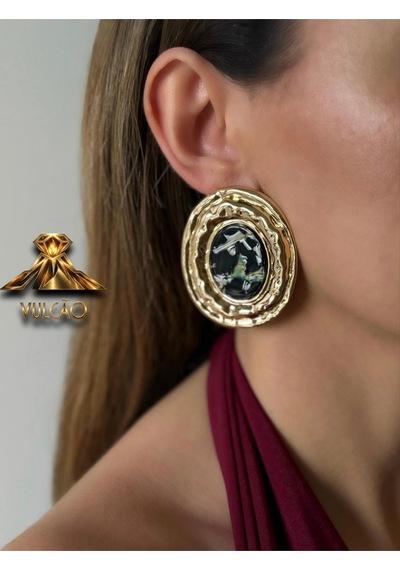 Gold Plaka Oval Taşlı Küpe Altın