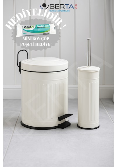 Vintage Banyo Seti Beyaz Çöp Kovası 5lt Tuvalet Fırçası Lüks Model - Mini Boy Çöp Poşeti Hediyelidir Beyaz
