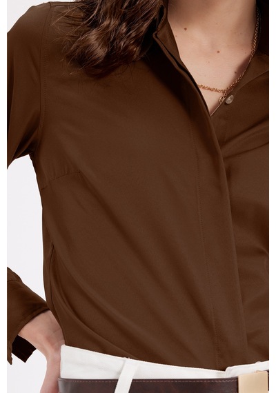 Tudors Kadın Slim Fit Dar Kesim Vucüda Oturan Uzun Kollu Gizli Düğme Detaylı Kahverengi Basic Gömlek-42049
