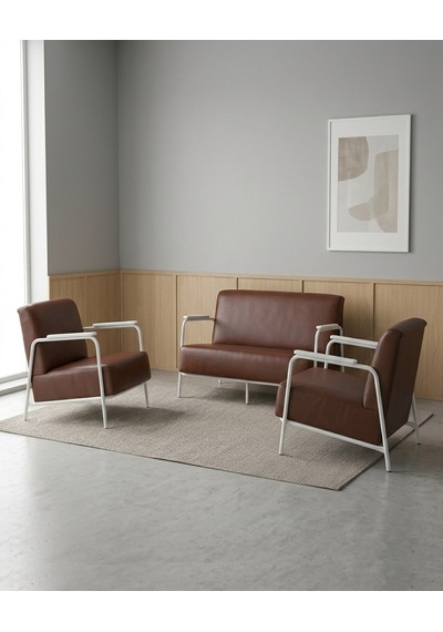Atlas 2+1+1 Deri Ofis Büro Modern Bekleme Koltuk Takımı Beyaz Metal İskelet - Acı Kahve Kahverengi Atlas 2+1+1 Deri Ofis Büro Modern Bekleme Koltuk Takımı Beyaz Metal İskelet - Acı Kahve Kahverengi